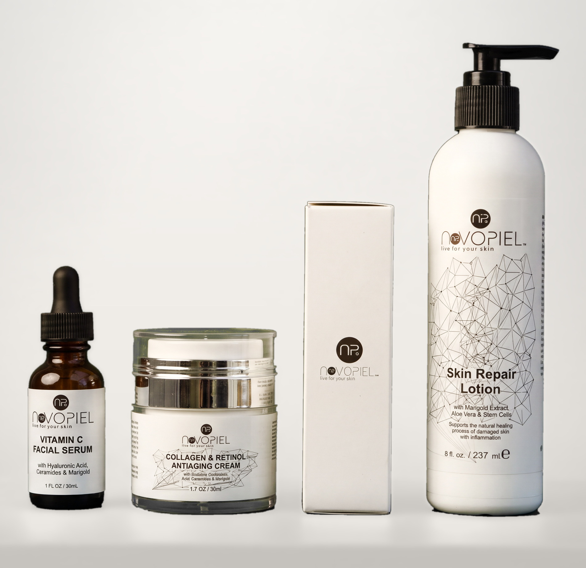 The Novopiel range: Vitamin C Facial Serum, Collagen & Retinol Antiaging Cream, Skin Repair Cream and Skin Repair Lotion