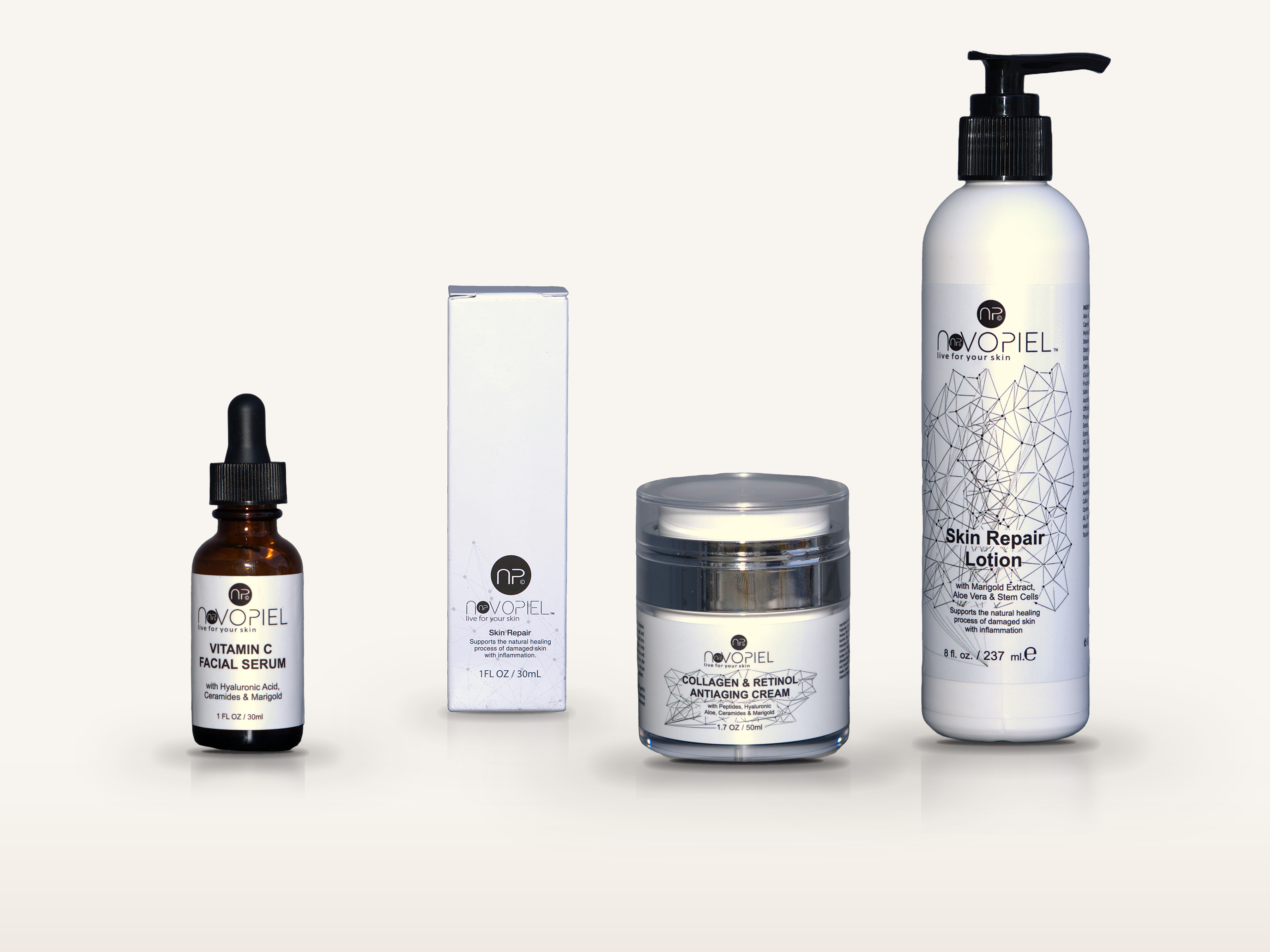 Novopiel — Vitamin C Facial Serum, Collagen & Retinol Antiaging Cream, Skin Repair Cream and Skin Repair Lotion
