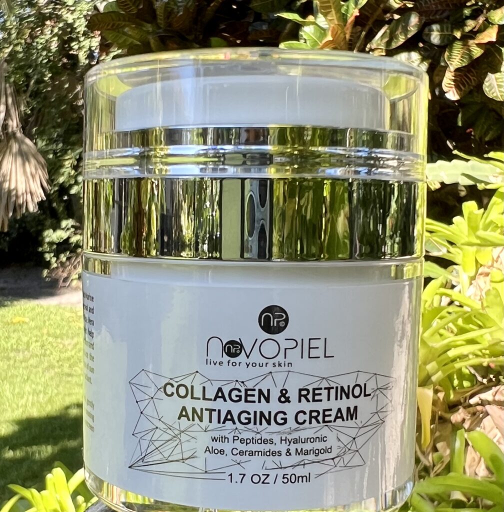 Collagen & Retinol anti-aging cream by Novopiel, featuring ingredients like peptides and hyaluronic acid, displayed outdoors among greenery.